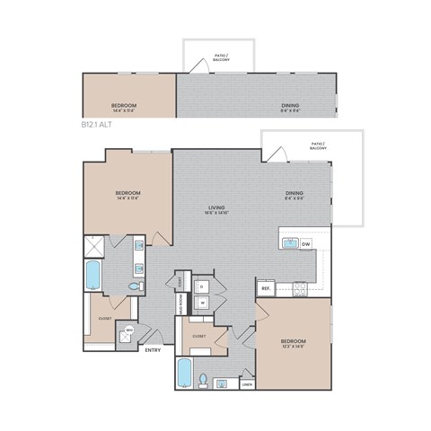 Floor plan for 2 beds, 2 baths, 1343 sqft